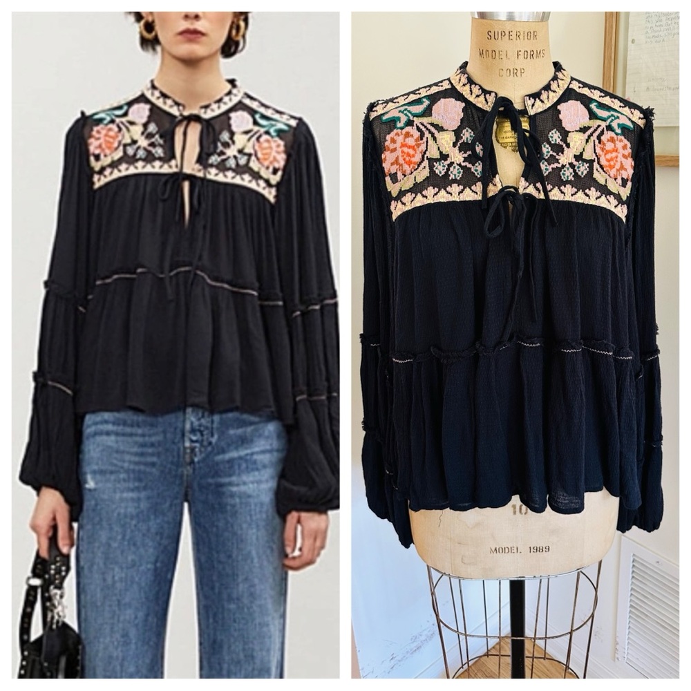 Free People Embroidered Bishop Sleeve Blouse in Black w/ Colorful Florals, Large